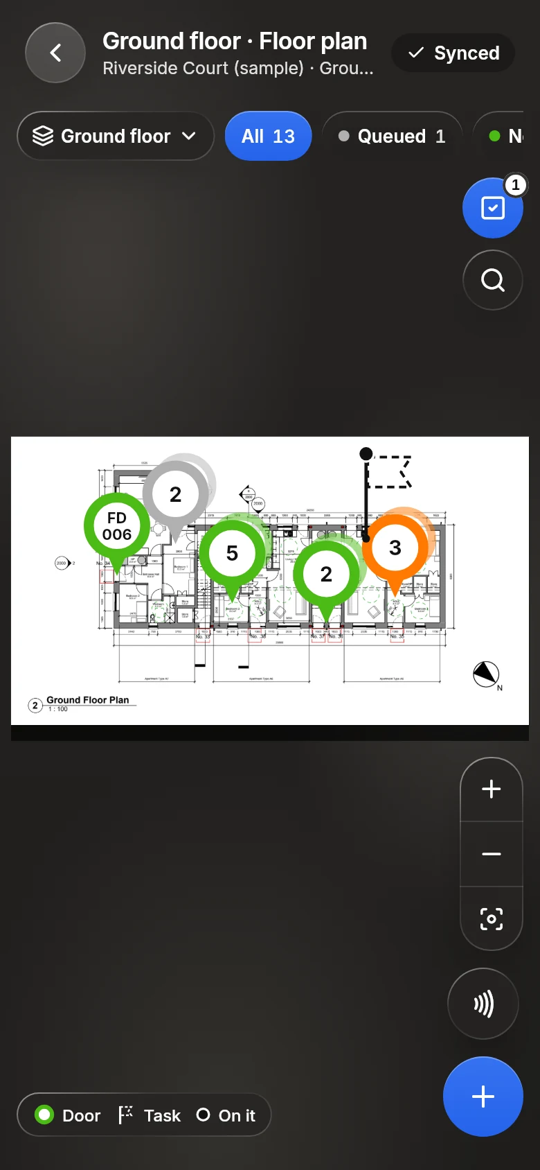 The phone’s floor plan for the sample project’s ground floor, with its fire doors pinned where they are and coloured by their result