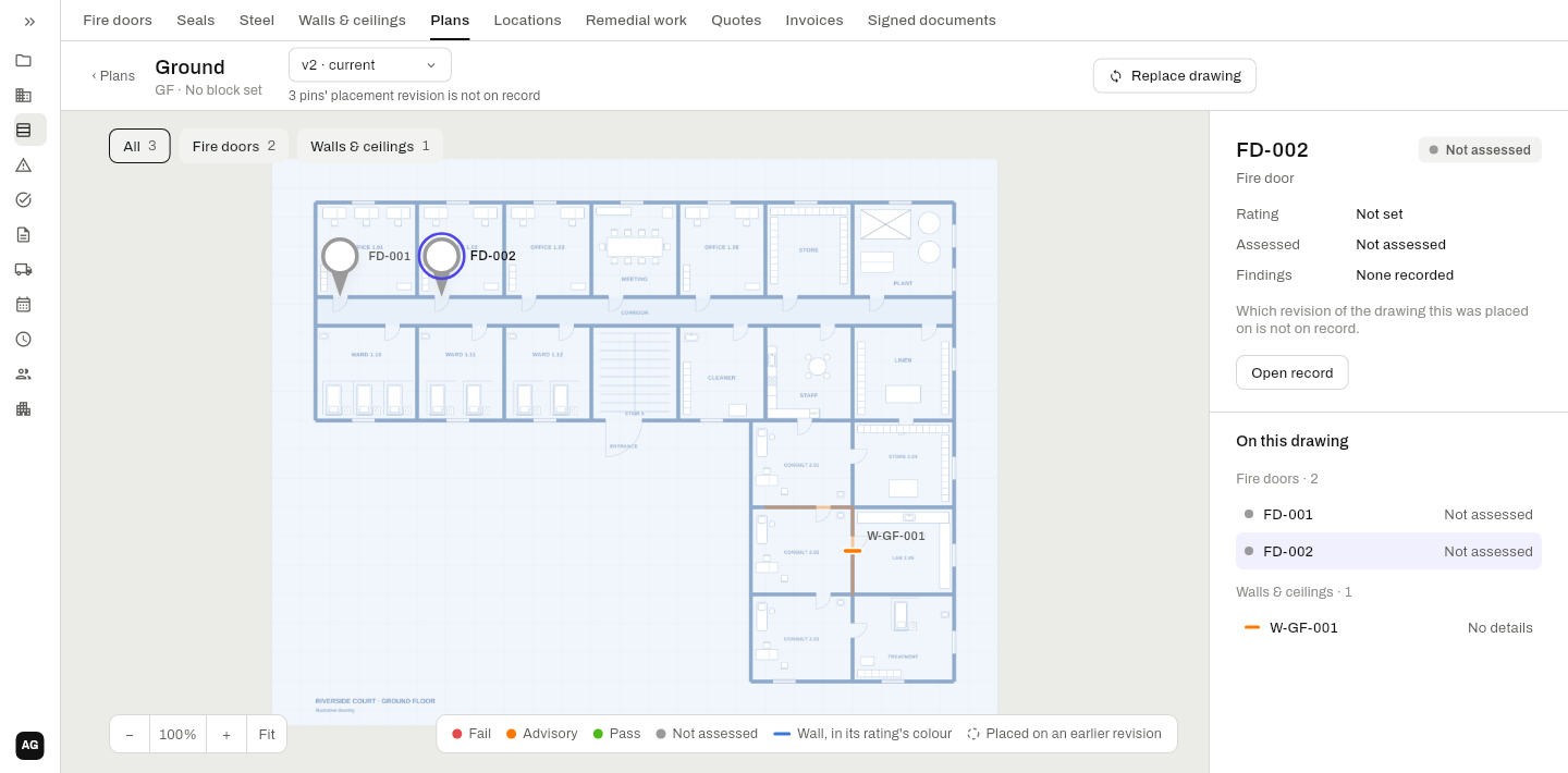 The plan viewer on the Riverside Court ground floor, with fire doors FD-001 and FD-002 pinned on their doors and wall W-GF-001 drawn in the wing